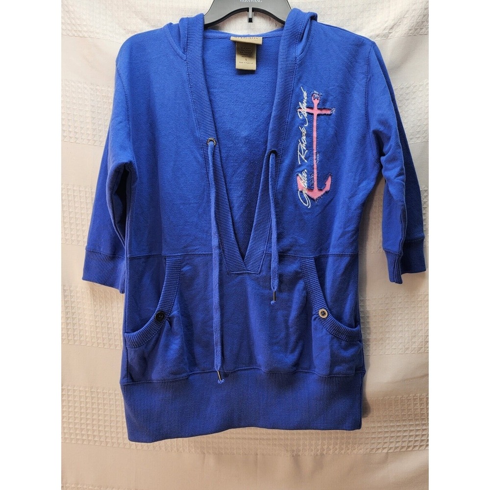 Artisan Women Blue Hooded Sweater Small Anchor Embroidered 3/4 Sleeve Nautical